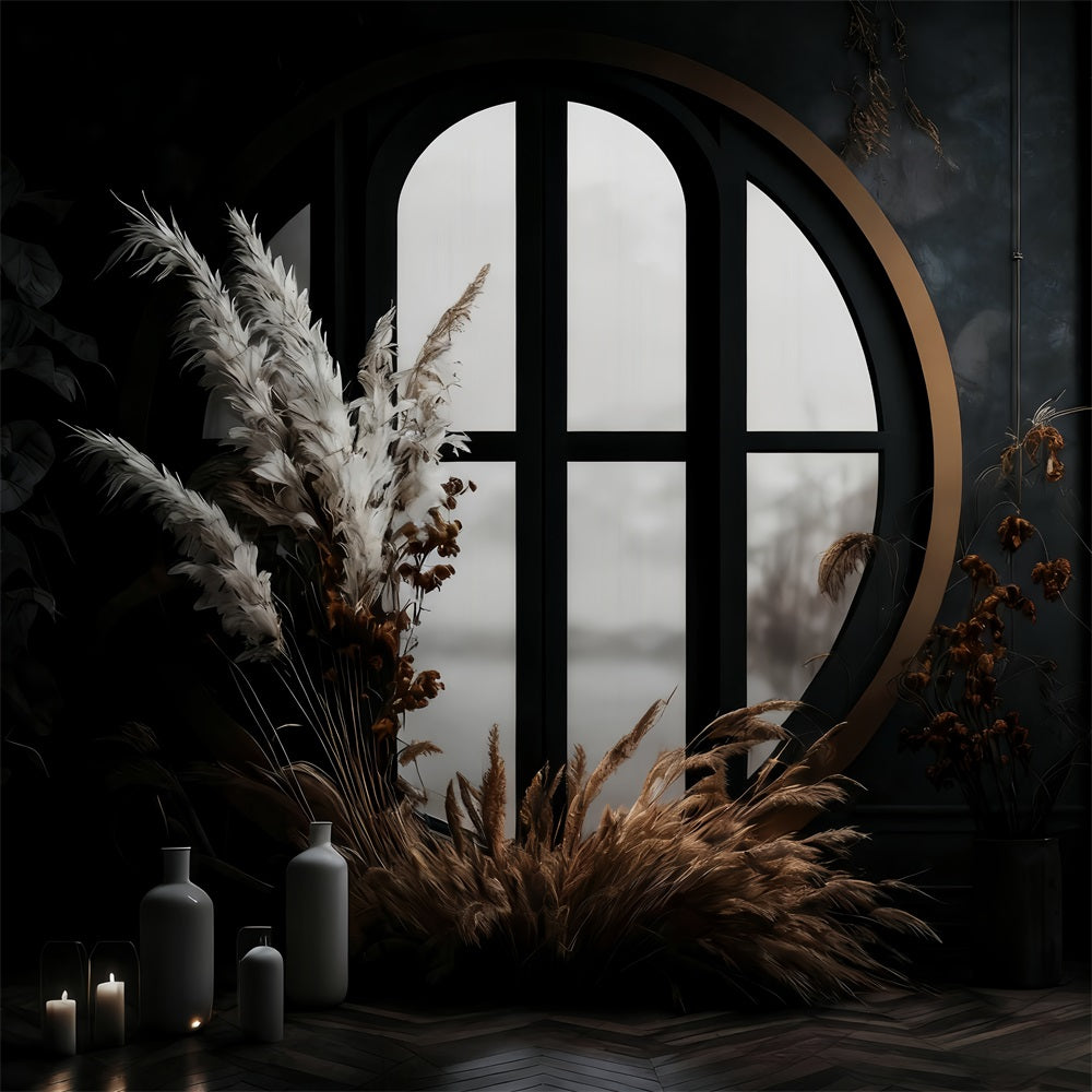 Fond bohème Fenêtre sombre Herbe de la pampa Fond bohème MRR10-53