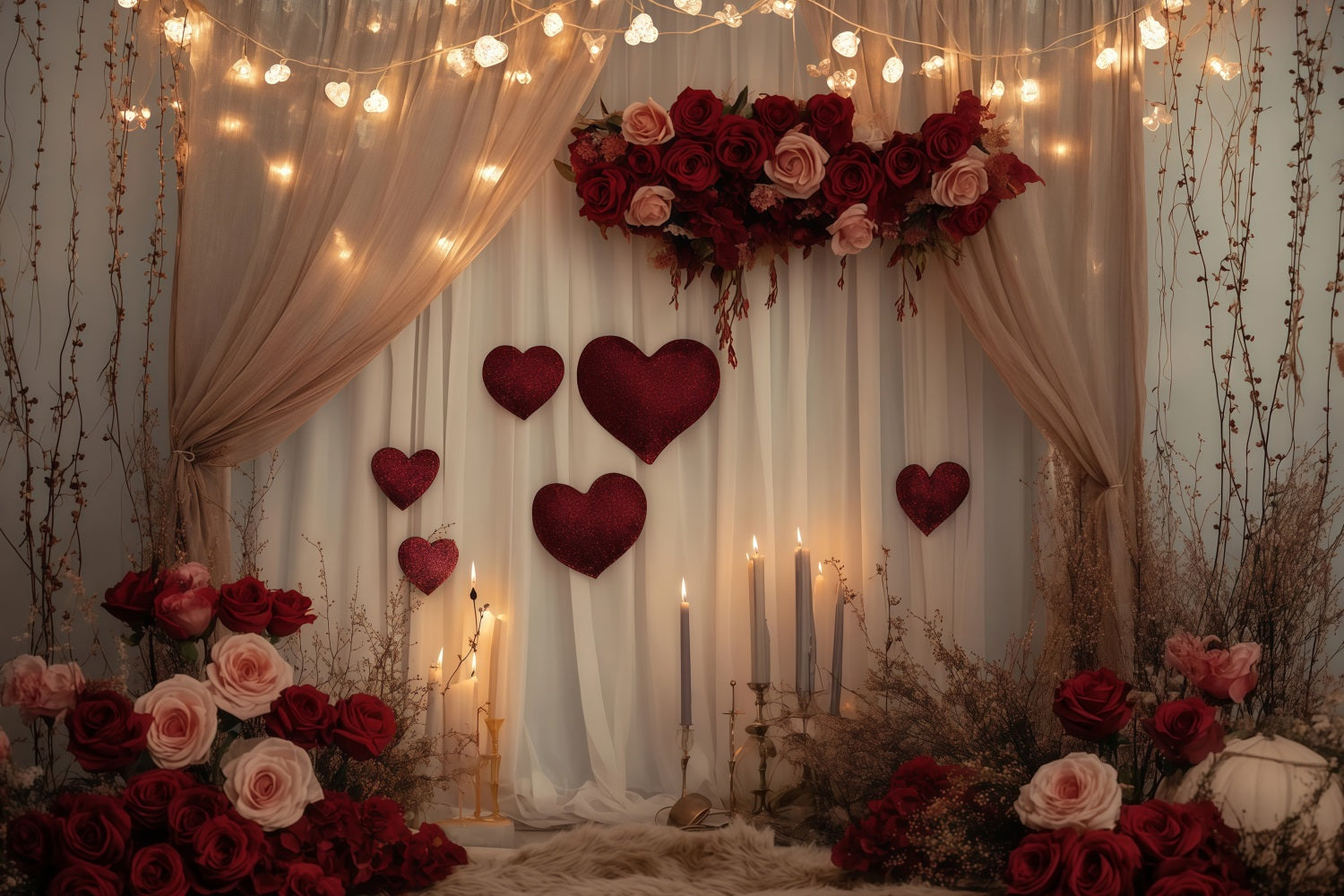 Fonds Saint-Valentin Bougies romantiques Rideaux roses Fond Saint-Valentin MRR11-102