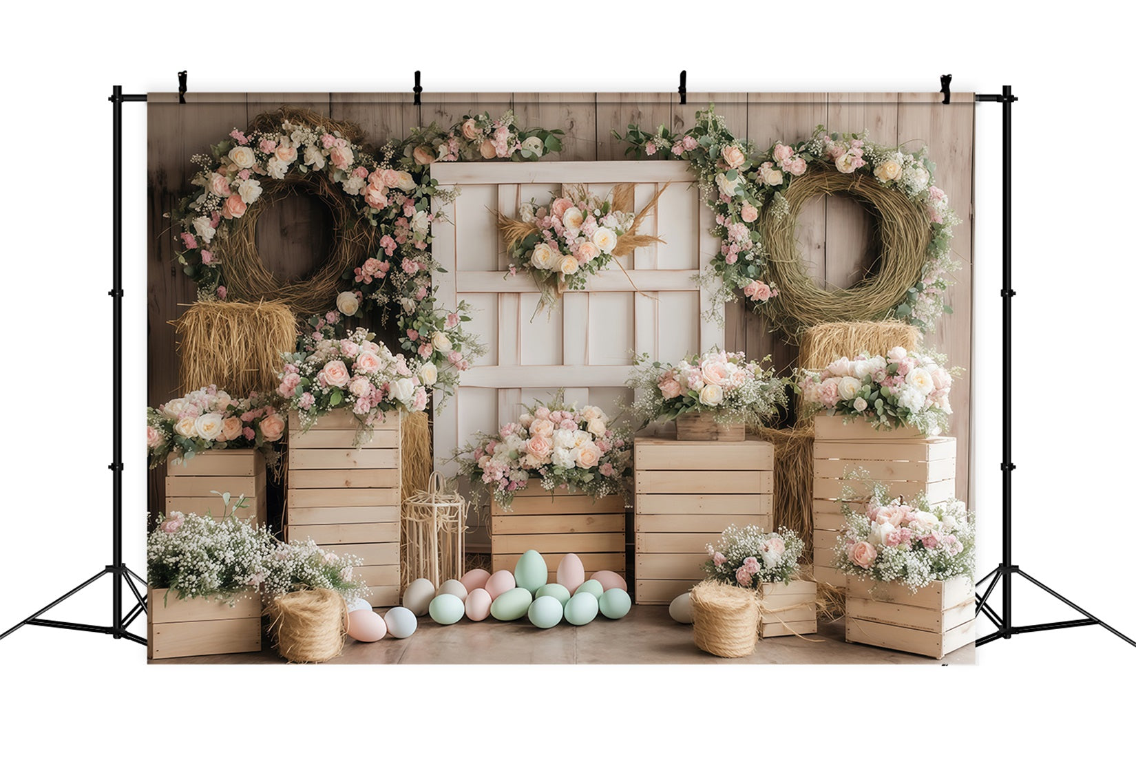 Fond avec œufs de Pâques et composition florale rustique Fonds photo de Pâques MRR11-75