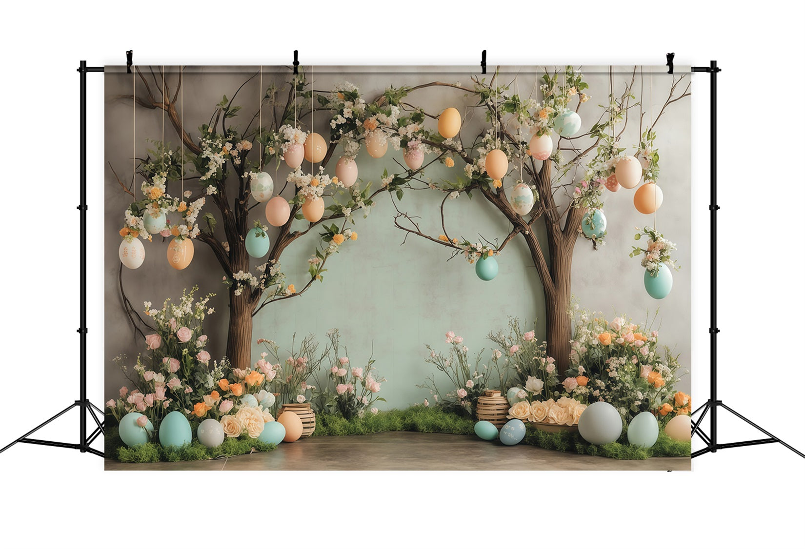 Fond chasse aux œufs de Pâques Jardin printanier Fleurs et œufs Fond de Pâques MRR11-77