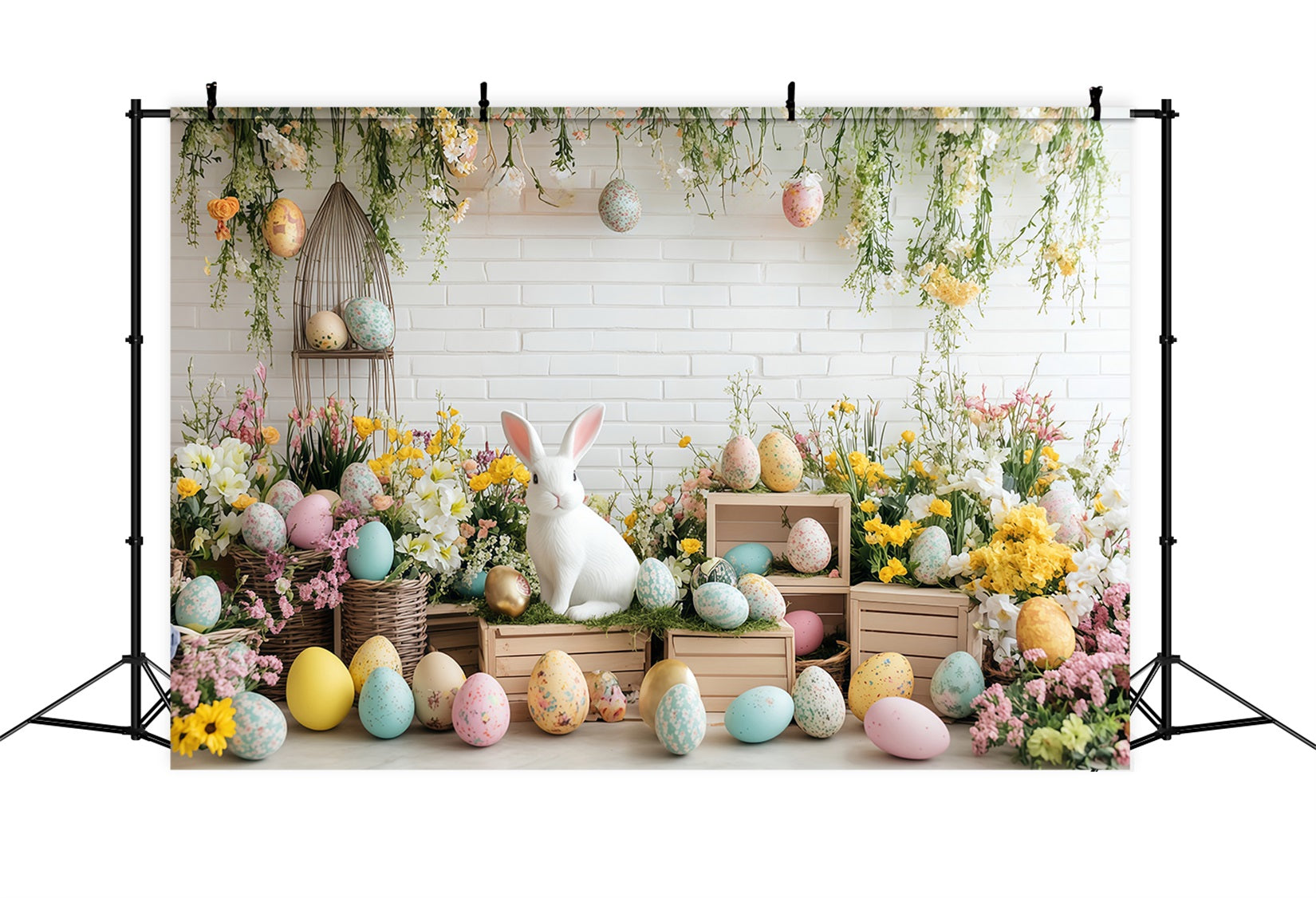 Fond photomaton de Pâques Jardin fleuri Lapin Fond œufs de Pâques MRR11-79