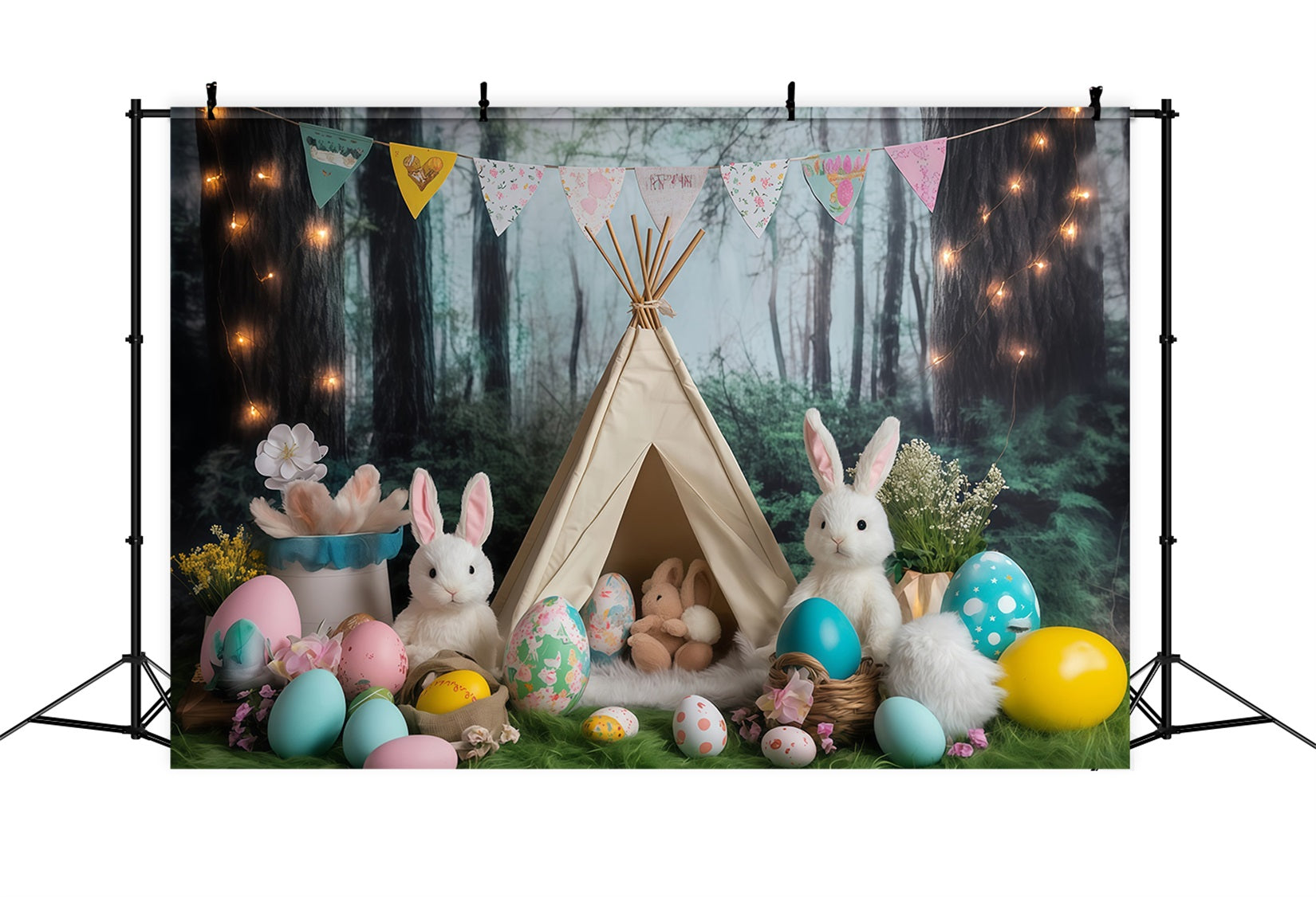 Fonds photographiques de Pâques Forêt Tente Lapins se rassemblent Fond lapins MRR11-80