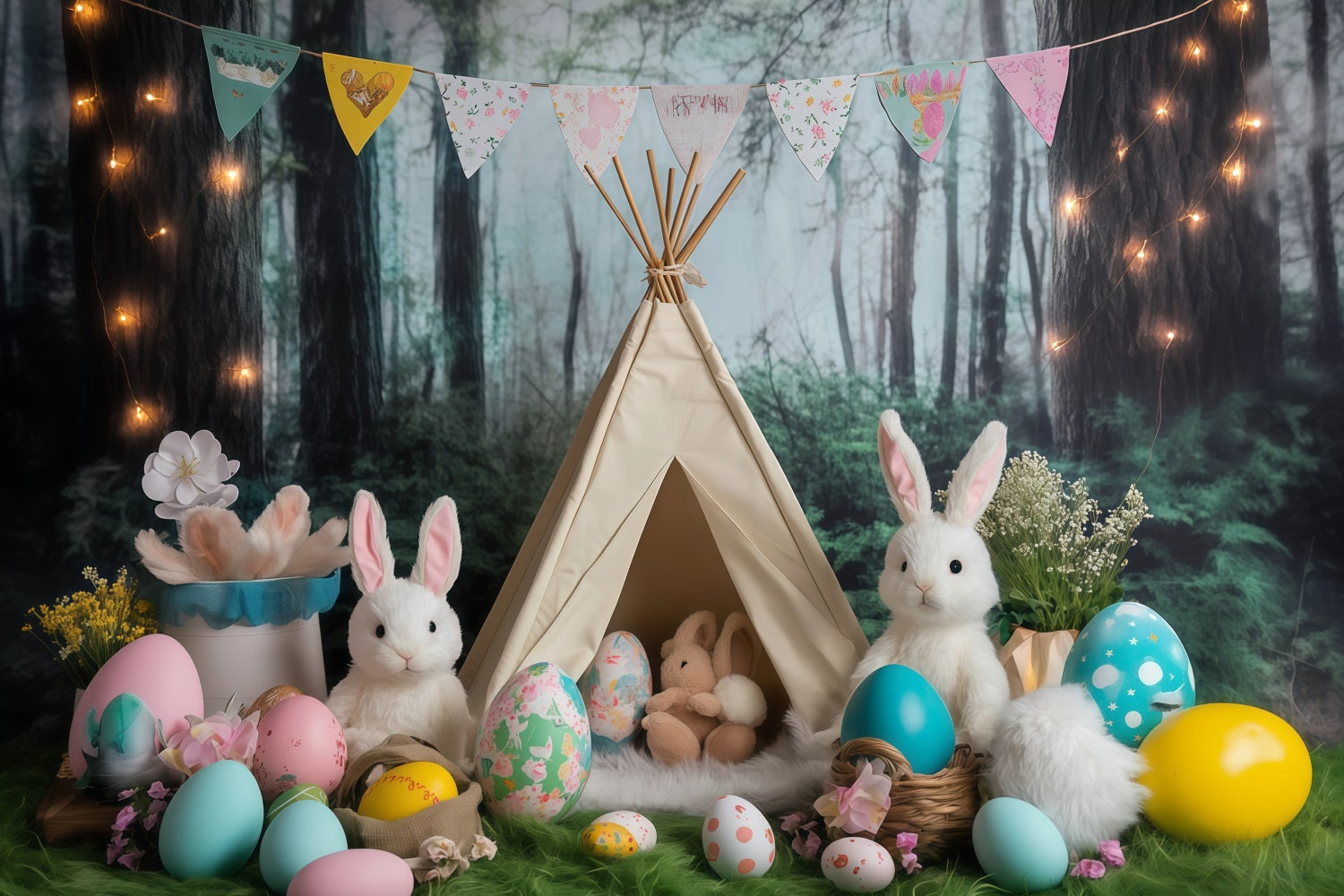 Fonds photographiques de Pâques Forêt Tente Lapins se rassemblent Fond lapins MRR11-80