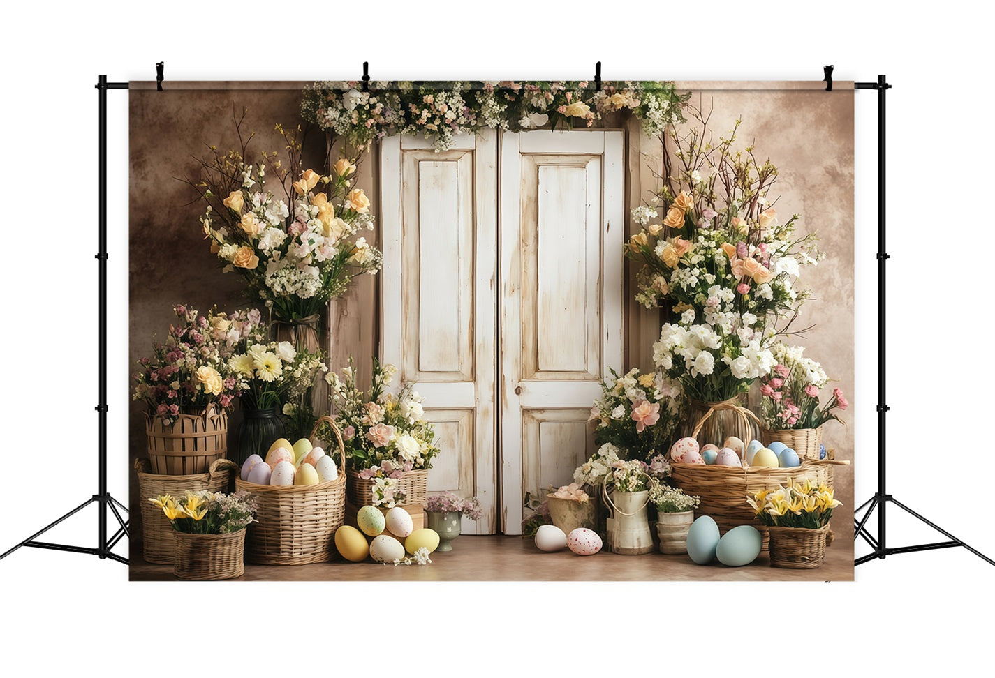 Idées de toiles de fond pour Pâques Toile de fond avec lapins sur cheminée fleurie MRR11-86