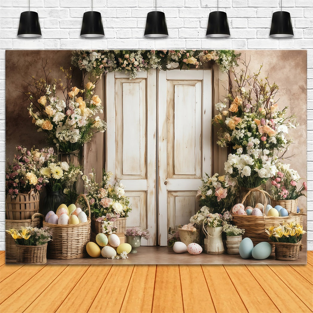 Idées de toiles de fond pour Pâques Toile de fond avec lapins sur cheminée fleurie MRR11-86