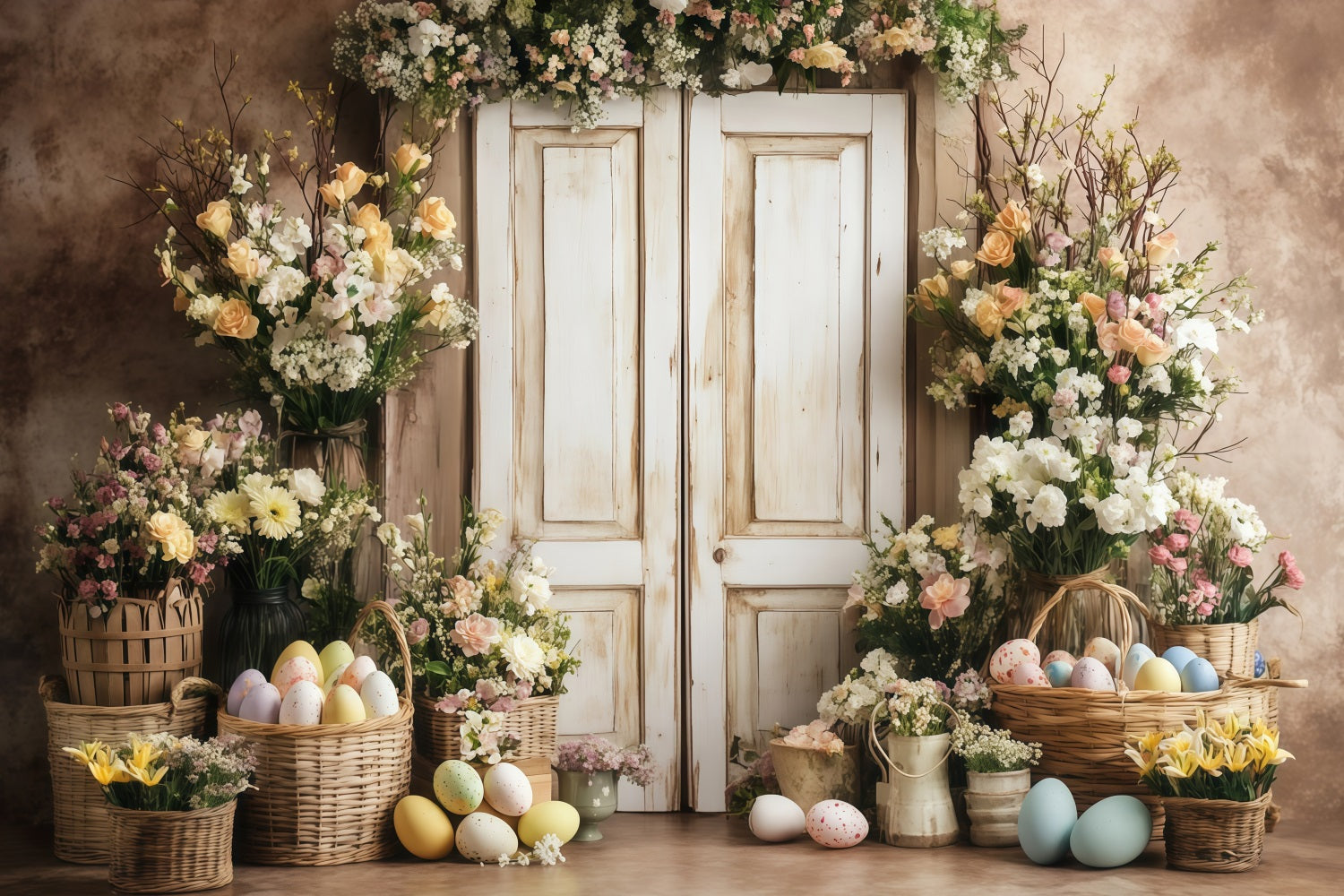 Idées de toiles de fond pour Pâques Toile de fond avec lapins sur cheminée fleurie MRR11-86