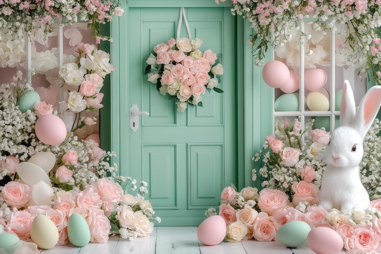 Fond de Pâques Lapin Aménagement de lapin dans un cottage avec jardin Fond pour œufs de Pâques MRR11-89