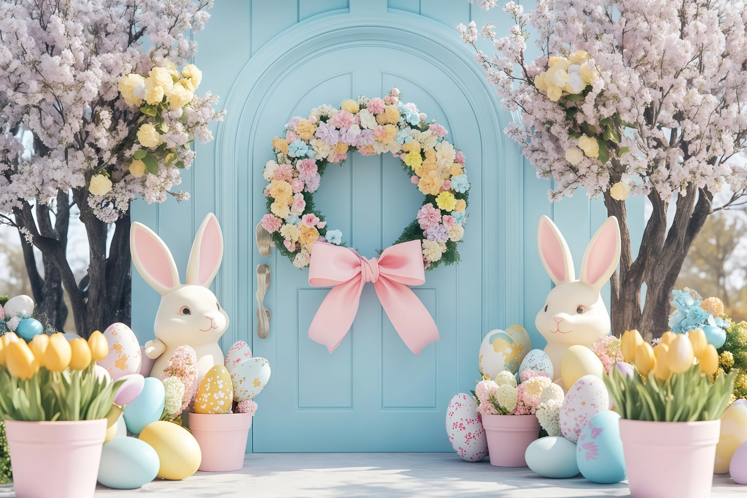 Fond pour photomaton de Pâques Chemin de lanternes et fleurs de cerisier Fond avec lapin MRR11-91