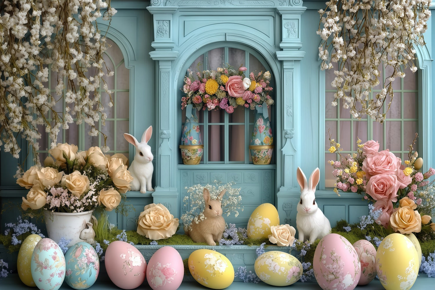 Fonds pour photos de Pâques Cottage rustique avec tulipes et porte Fond avec lapin MRR11-92
