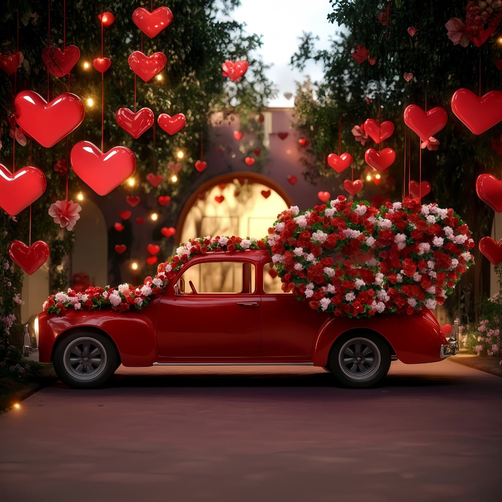 Fond pour la Saint-Valentin Voiture vintage rouge avec cœur Fond pour la Saint-Valentin MRR11-98