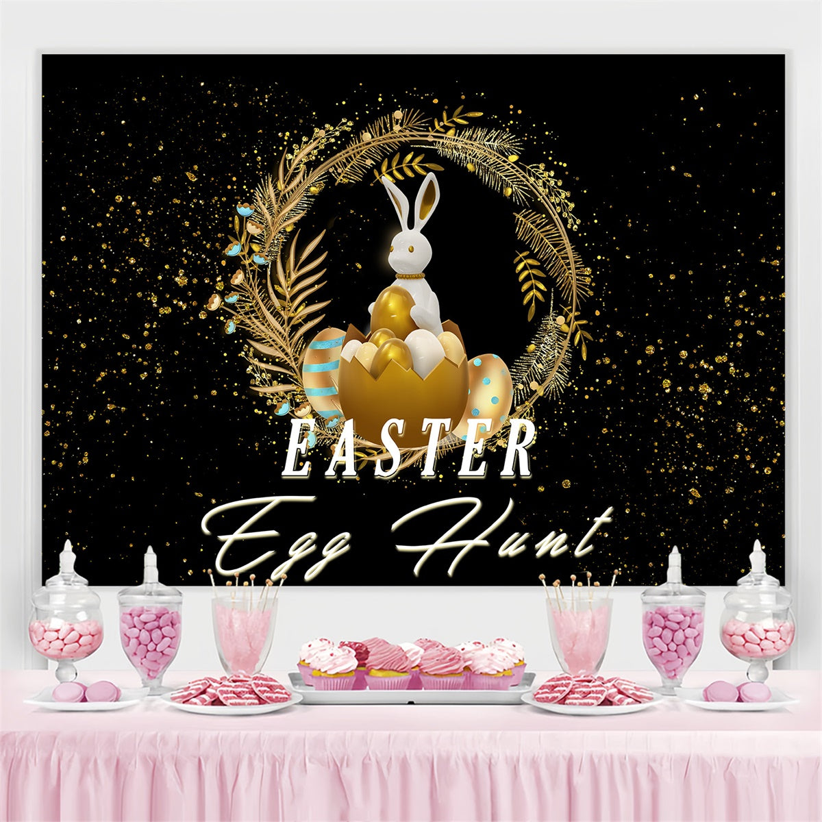 Toile de fond Déco Pâques Lapin Noir Or Luxe Personnalisée MRR3-127