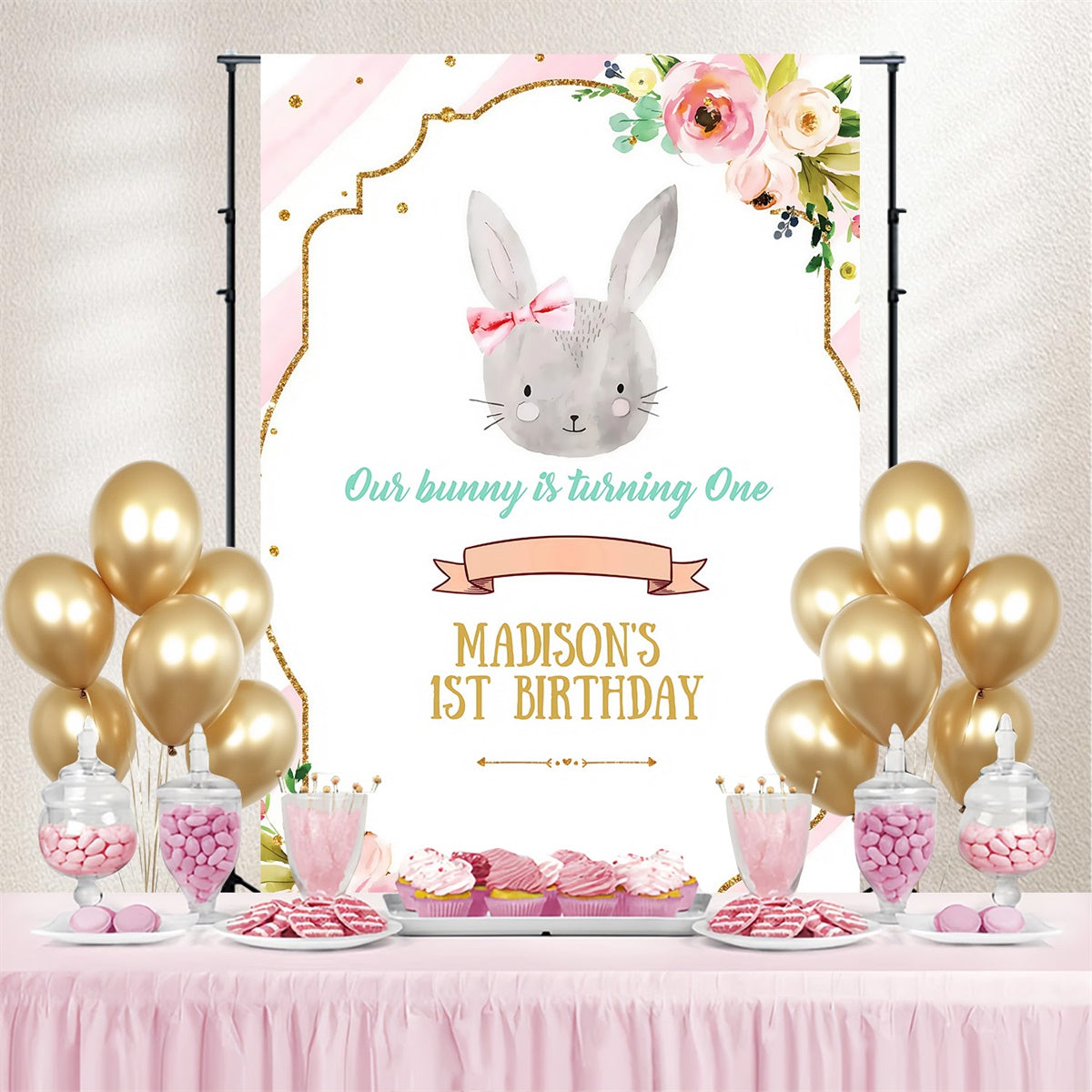 Toile de fond Déco Pâques Lapin Rayé Rose Floral Personnalisée MRR3-137