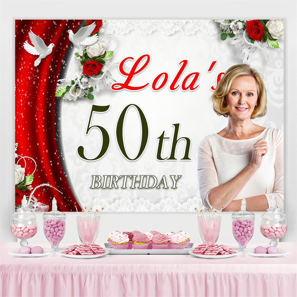 Toile de fond Anniversaire Personnalisé Rideau Rouge Colombe 50ème MRR3-141