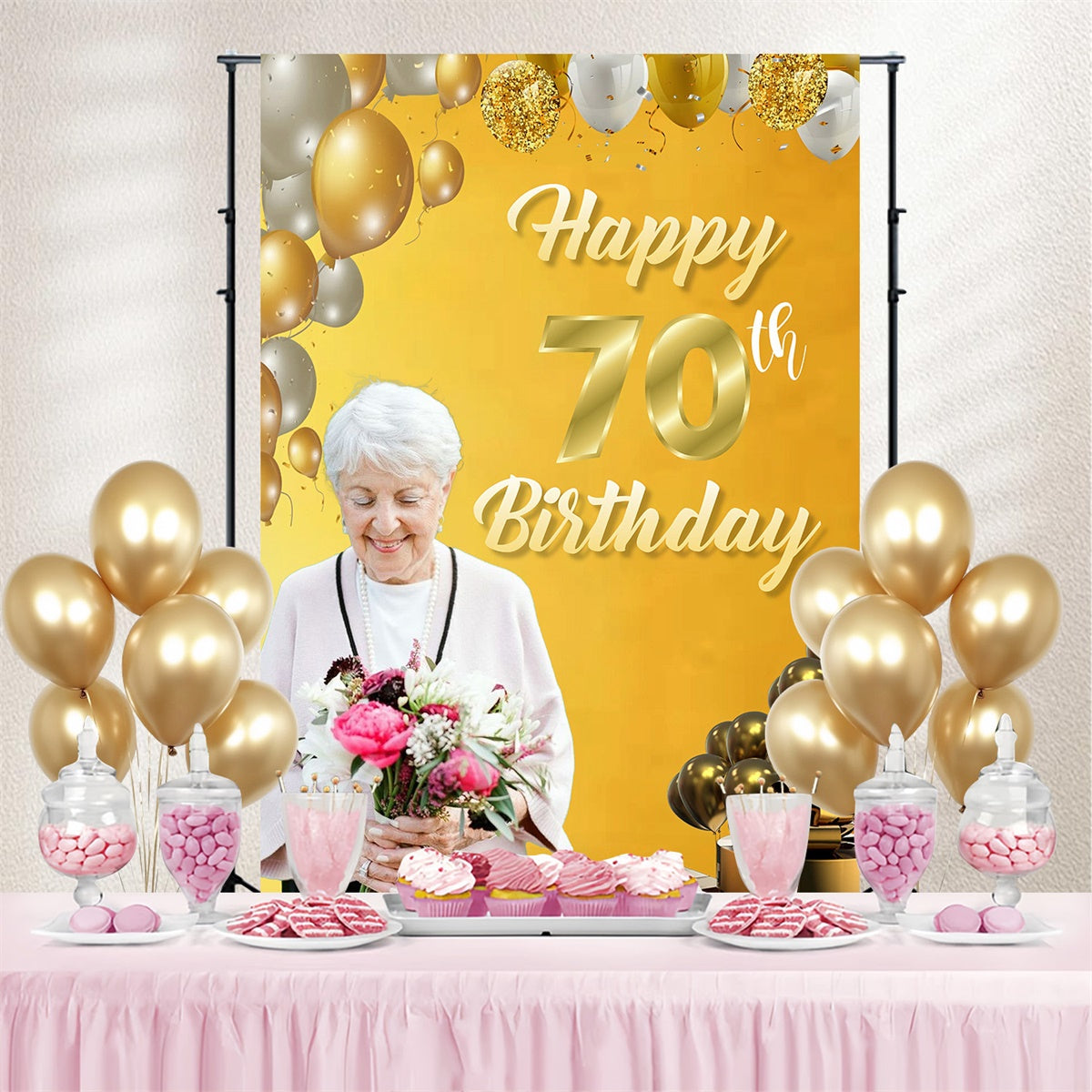 Toile de fond Deco Anniversaire Personnalisé Ballons Or Élégants 70ème MRR3-163