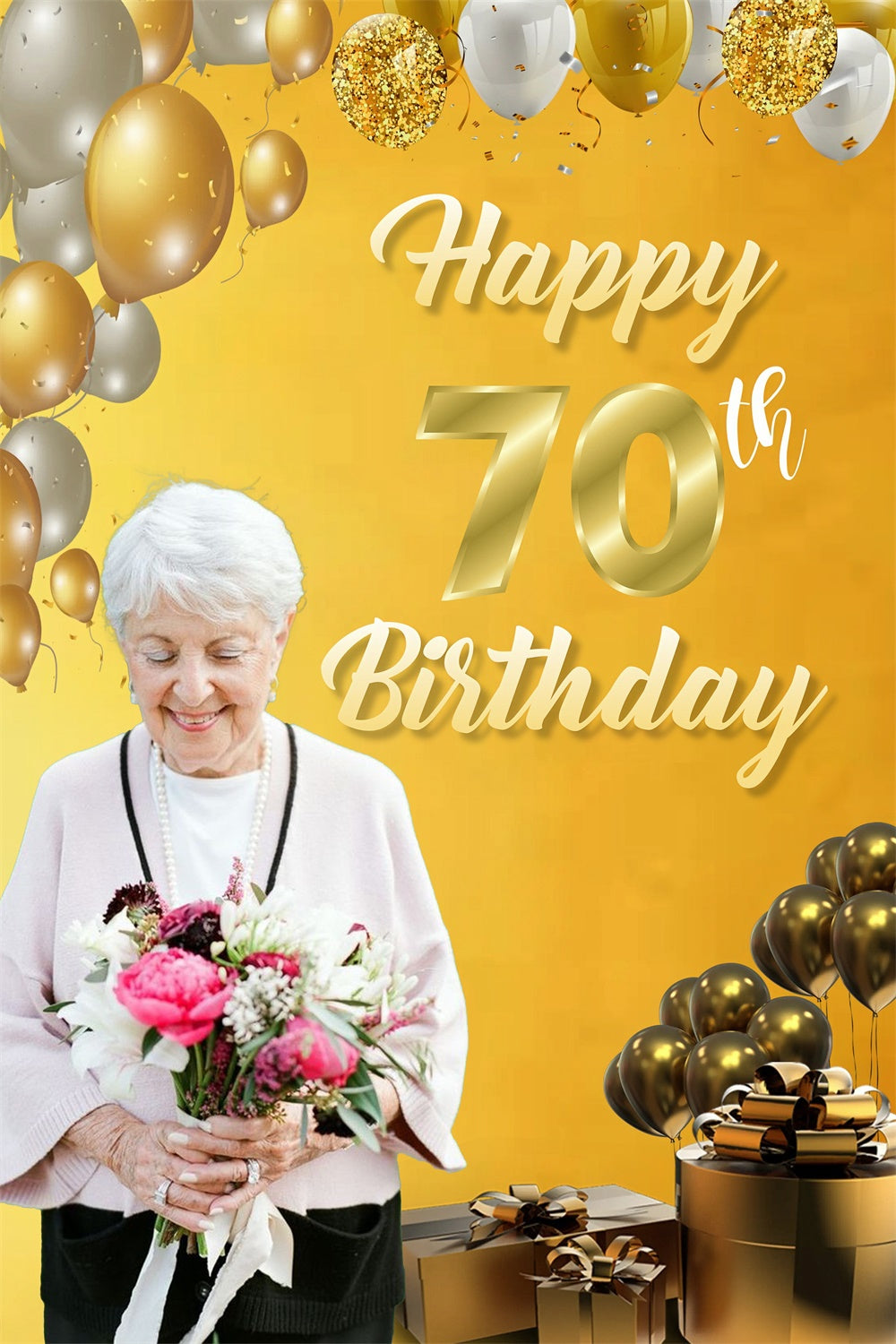 Toile de fond Deco Anniversaire Personnalisé Ballons Or Élégants 70ème MRR3-163