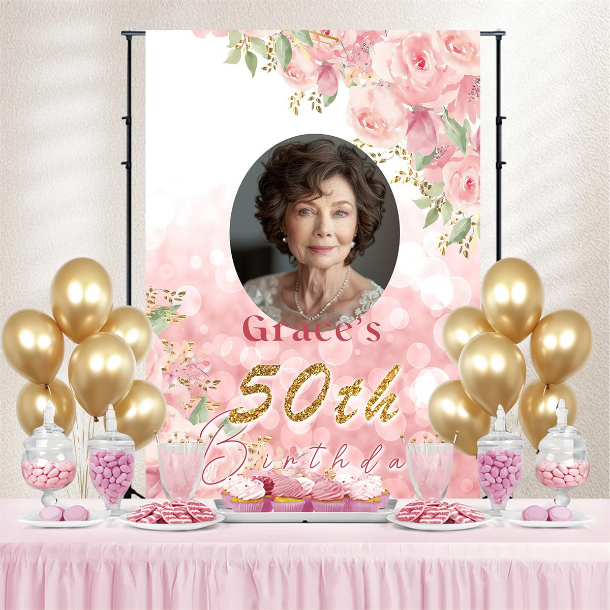 Toile de fond Anniversaire Personnalisé Floral Romantique Élégant 50ème MRR3-169