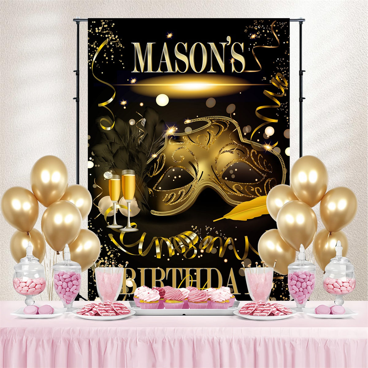Toile de fond Deco Anniversaire Personnalisé Masque Élégant Thème Or MRR3-170
