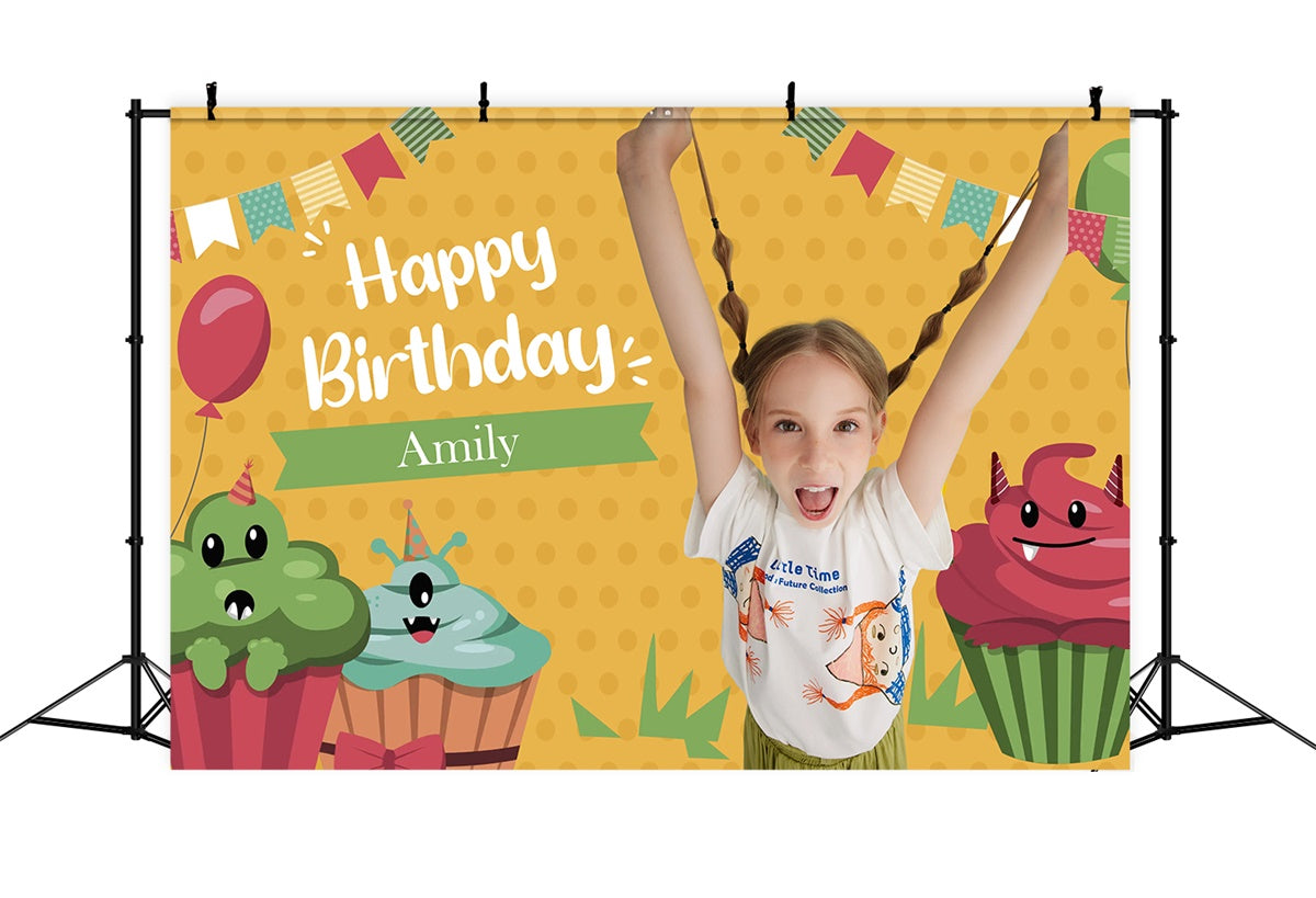 Toile de fond Personnalisable Anniversaire Fête Monstre Cupcake MRR3-19