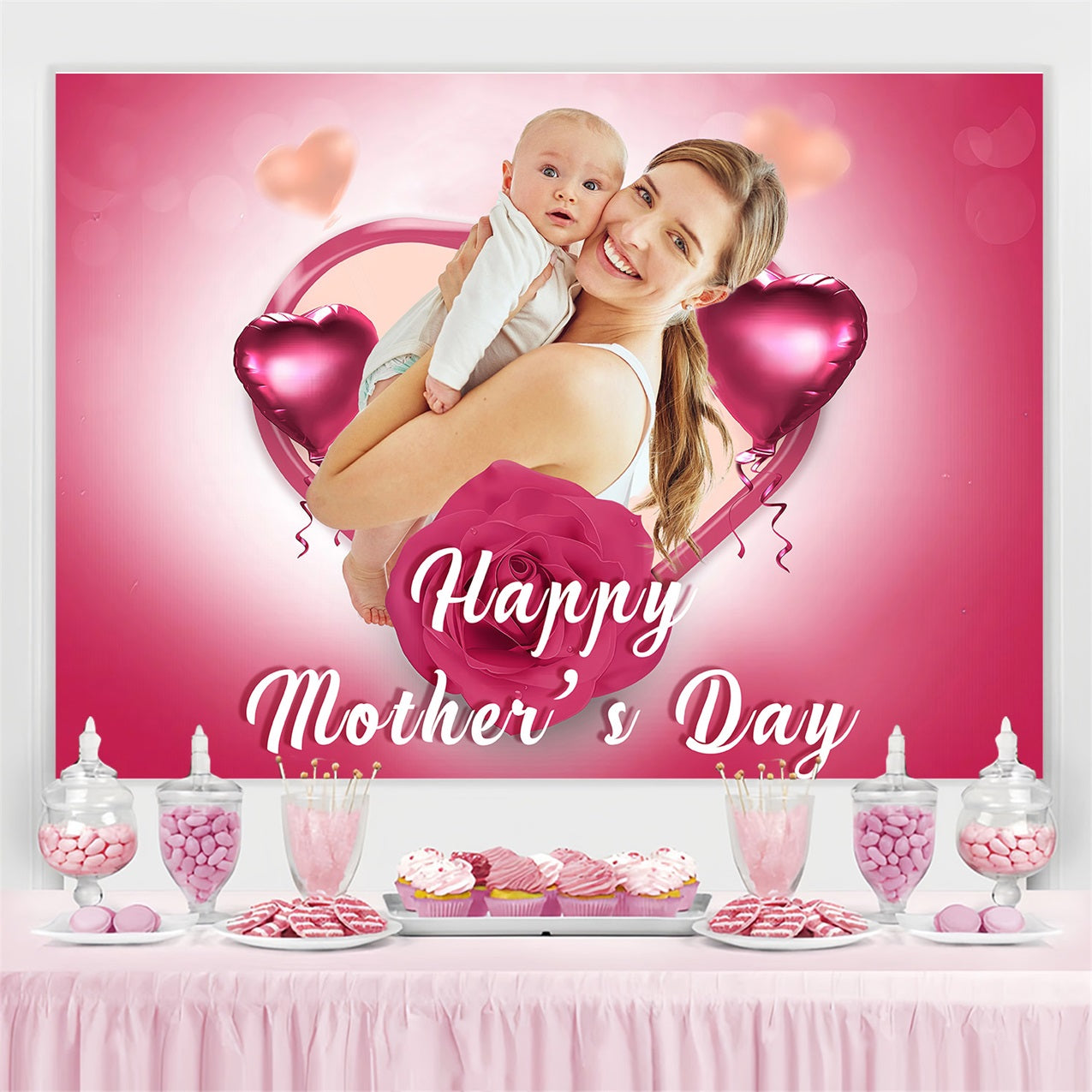 Toile de fond Fête des Mères Ballons Cœur Rose Amour Personnalisée MRR3-47