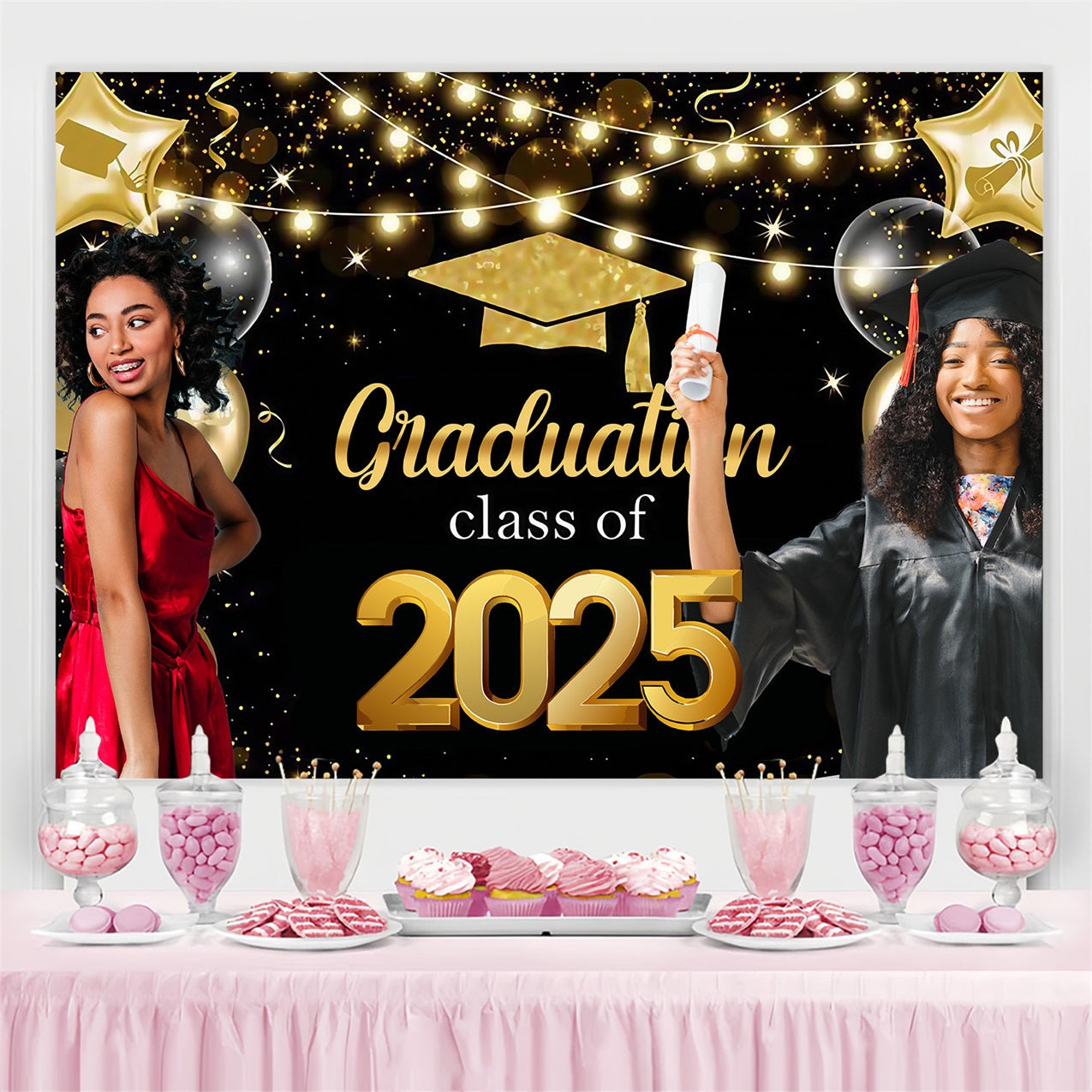 Toile de fond photo de graduation Étoiles Dorées Lumières Personnalisée MRR4-40