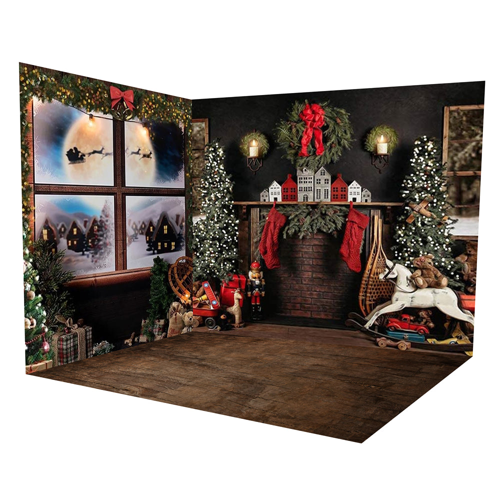 Ensemble de chambre avec arbres de Noël Guirlande et fenêtre enneigée ROOM2