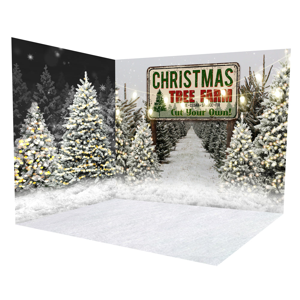 Ensemble de chambre avec ferme d'arbres de Noël et forêt enneigée d'hiver ROOM3