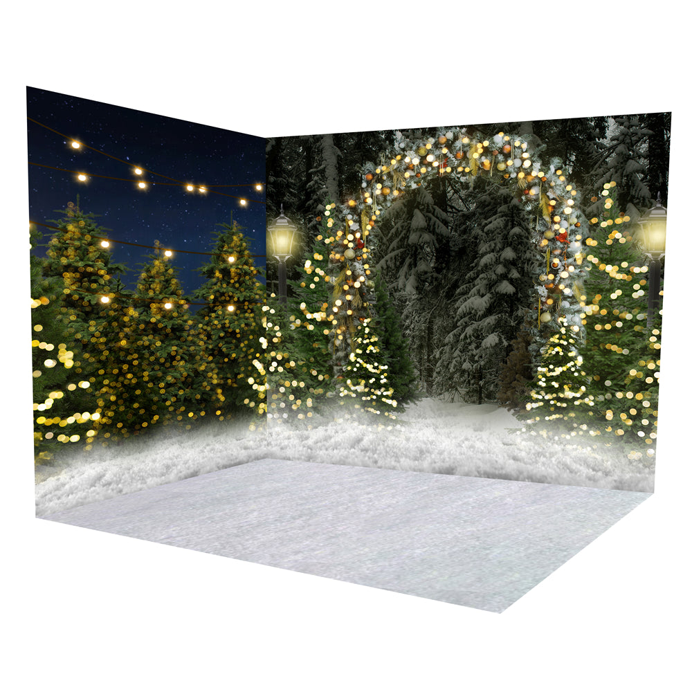 Ensemble de chambre avec lumières scintillantes et ferme d'arbres de Noël ROOM4