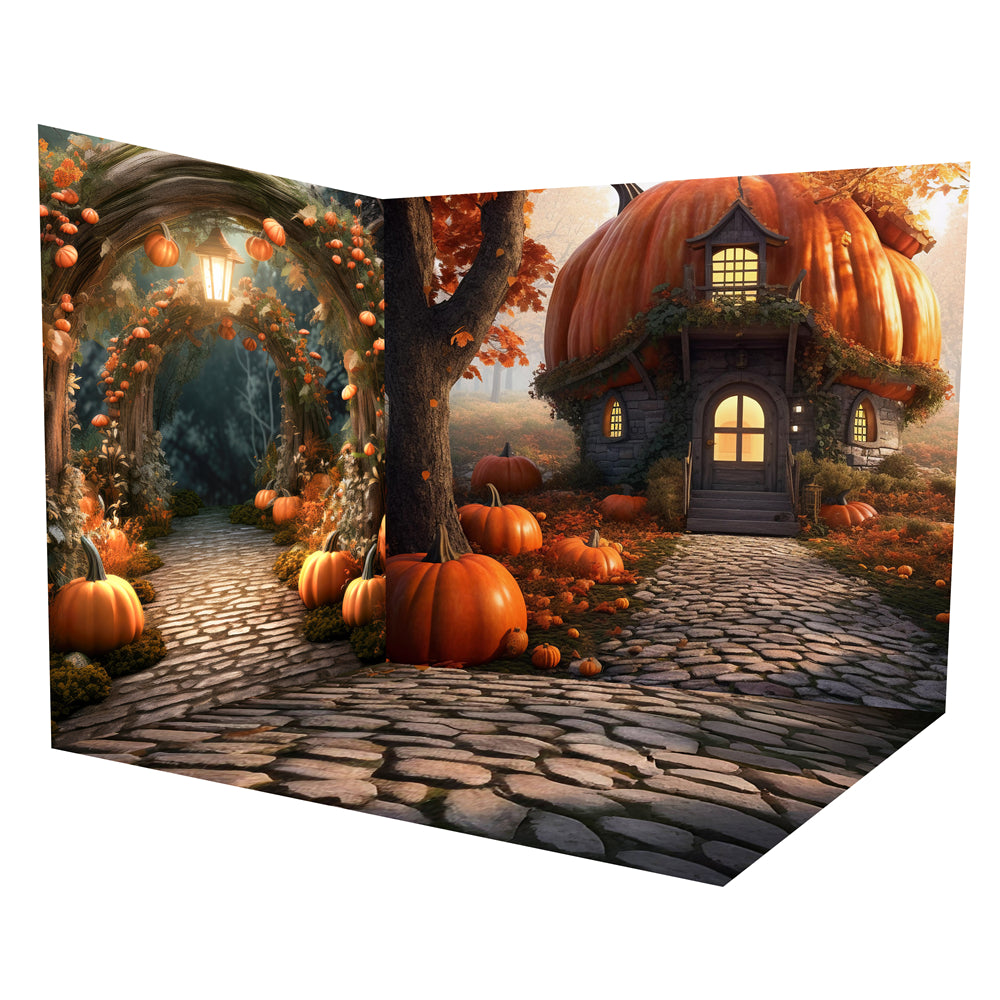 Ensemble de chambre d'automne avec maison de citrouilles et sentier forestier ROOM9