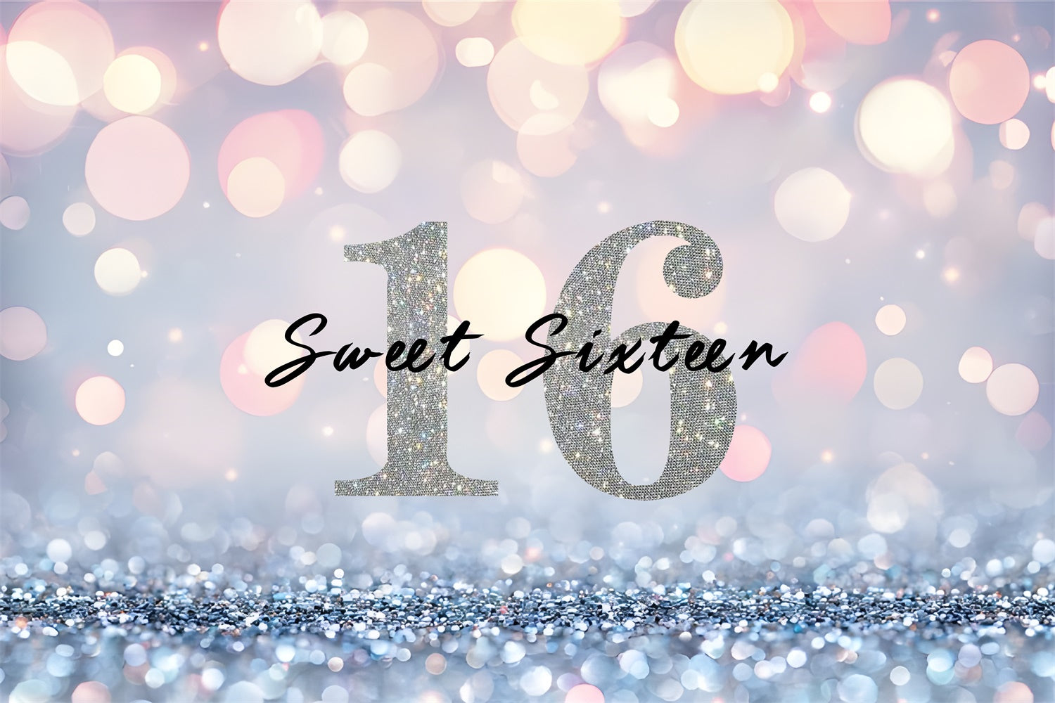 Toile de fond Anniversaire Personnalisable Glamour Argent Sweet Sixteen RR1-10
