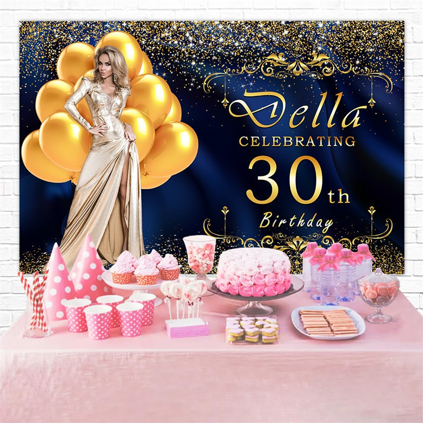 Toile de fond Anniversaire 30e Année Ballon Bleu Doré Luxueux Personnalisé RR12-77
