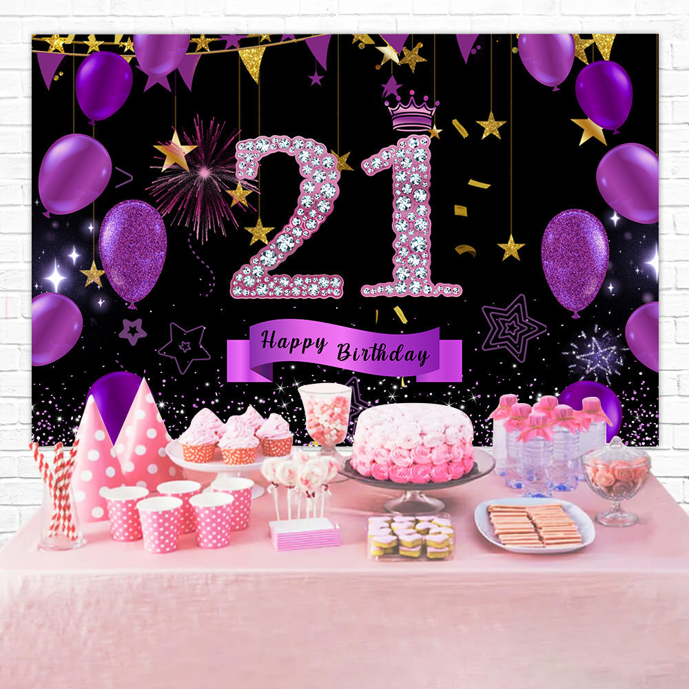 Toile de fond Anniversaire 21e Année Ballons Violet Scintillants Personnalisé RR12-79