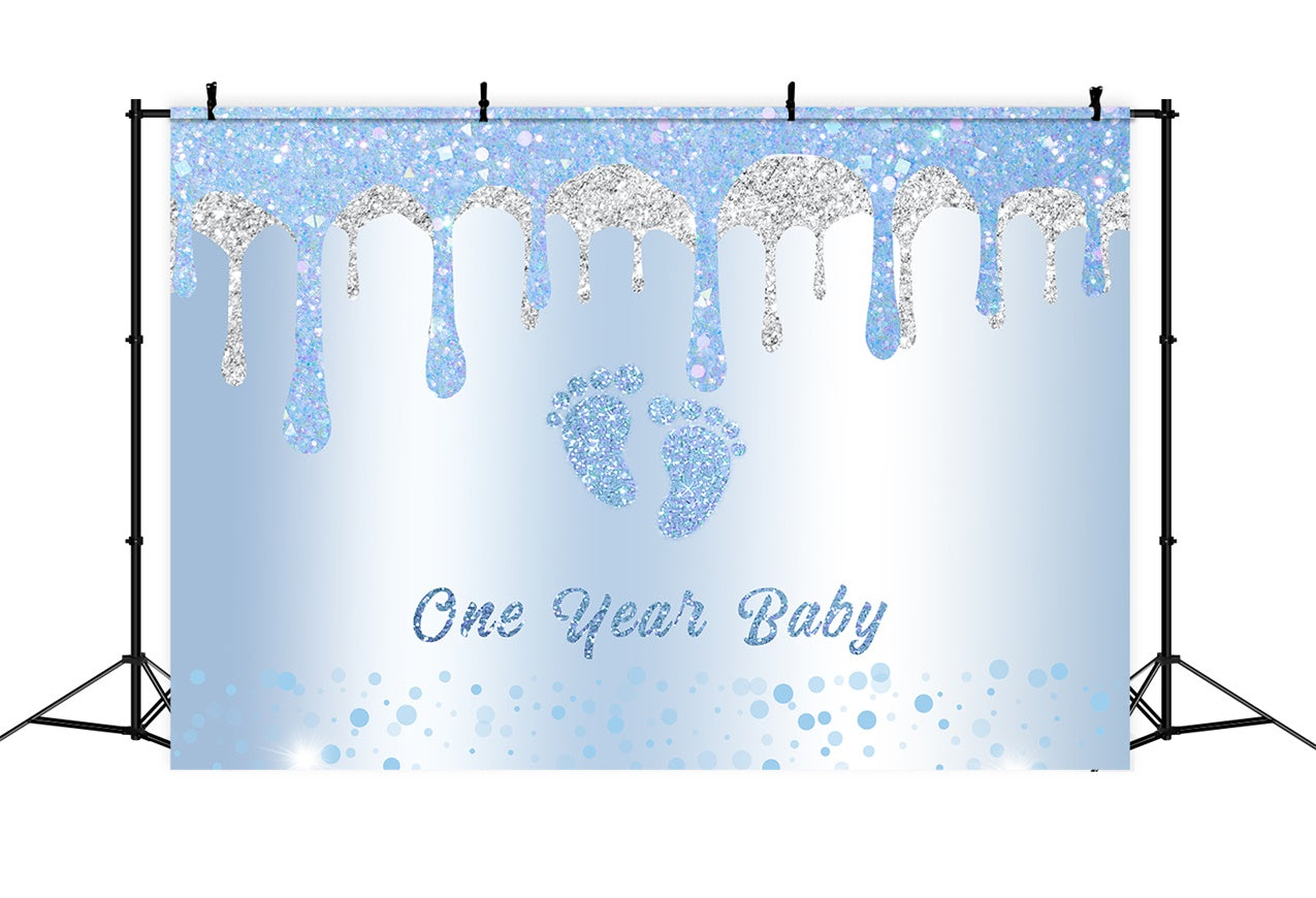 Toile de fond Anniversaire 1er Anniversaire Pieds Bébé Scintillants Bleu RR12-88