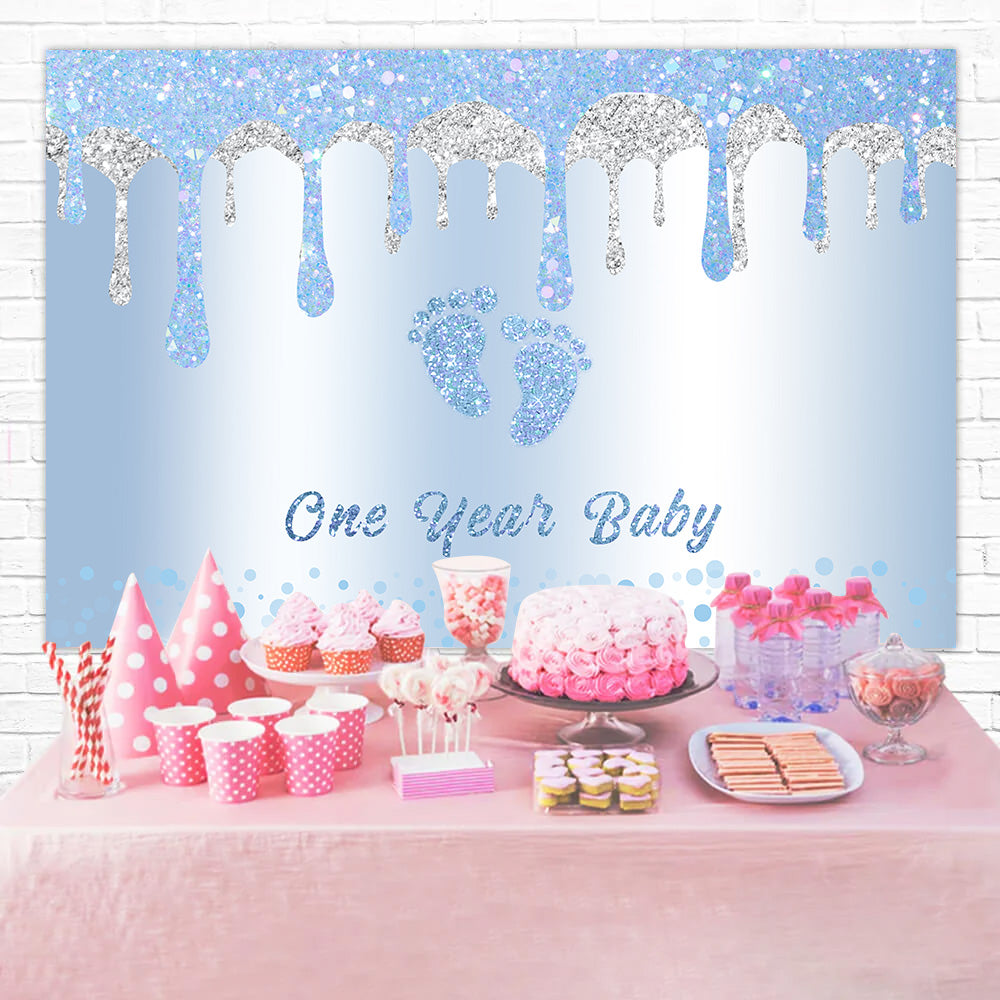 Toile de fond Anniversaire 1er Anniversaire Pieds Bébé Scintillants Bleu RR12-88
