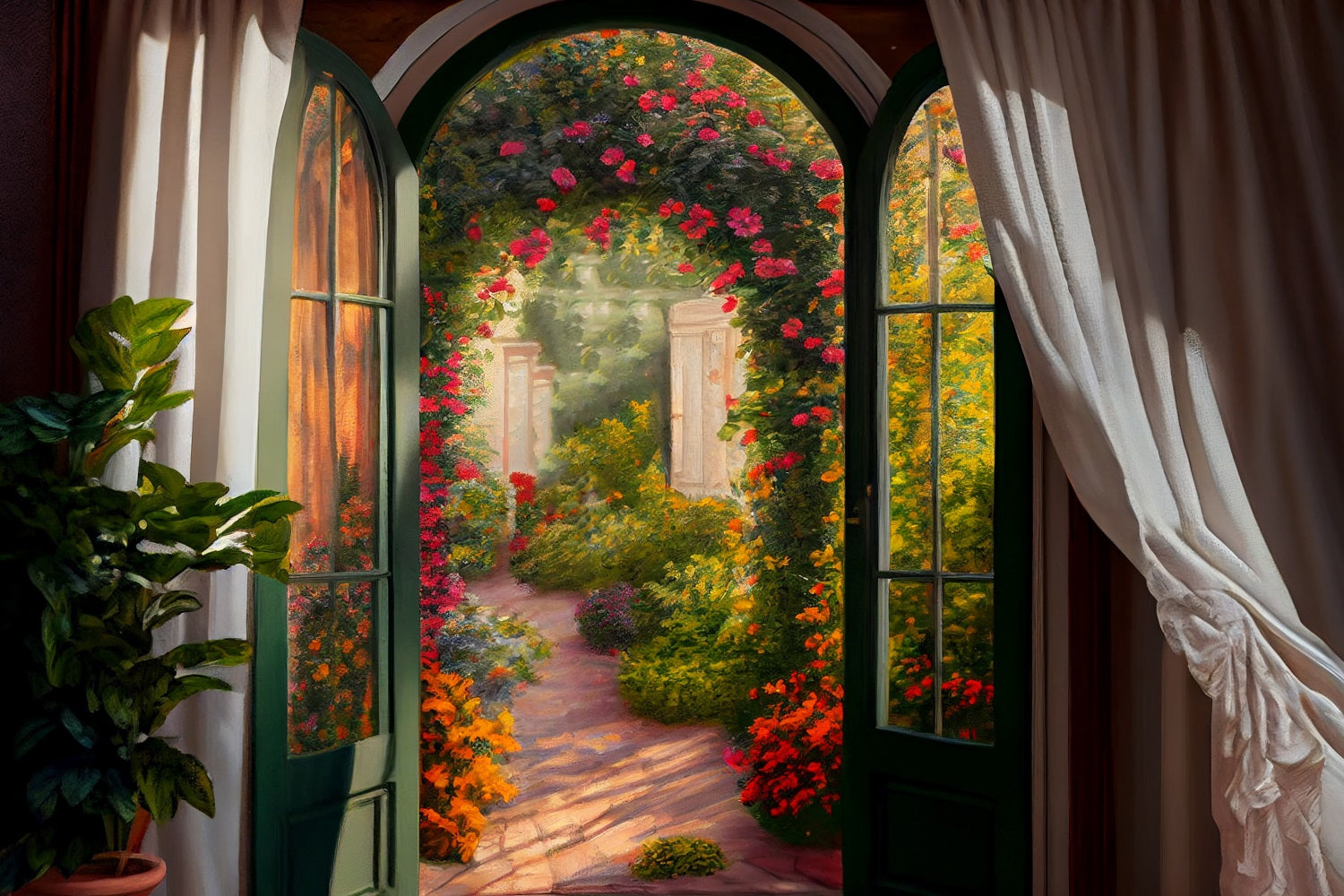 Peinture à l'huile printanière Exquisite élégante maison Jardin de roses Toile de fond RR3-12