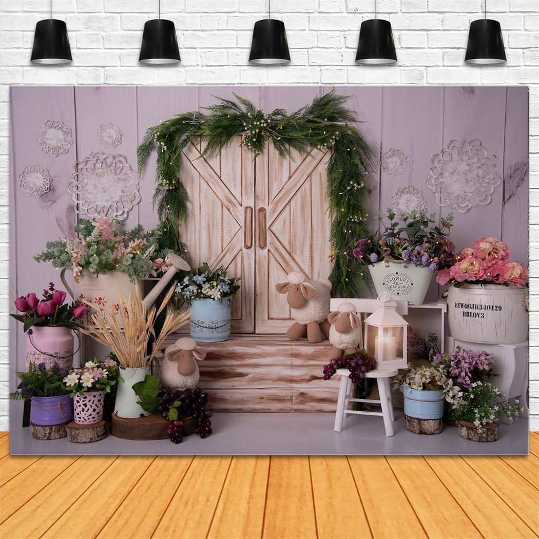 Toile de fond pour porte en bois blanc avec fleurs et verdure RR3-21