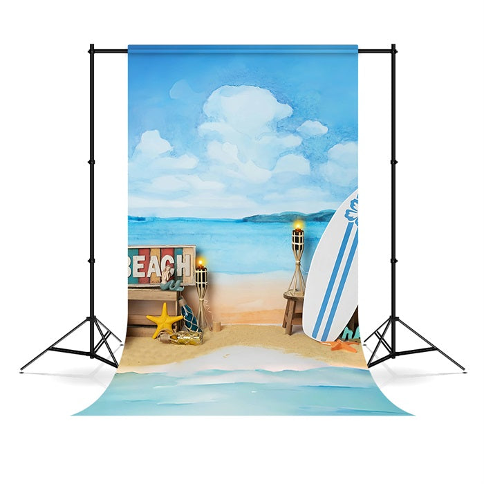 Toile de fond estivale Mer Plage Bleu Ciel Blanc Nuages Thème Surf RR3-29