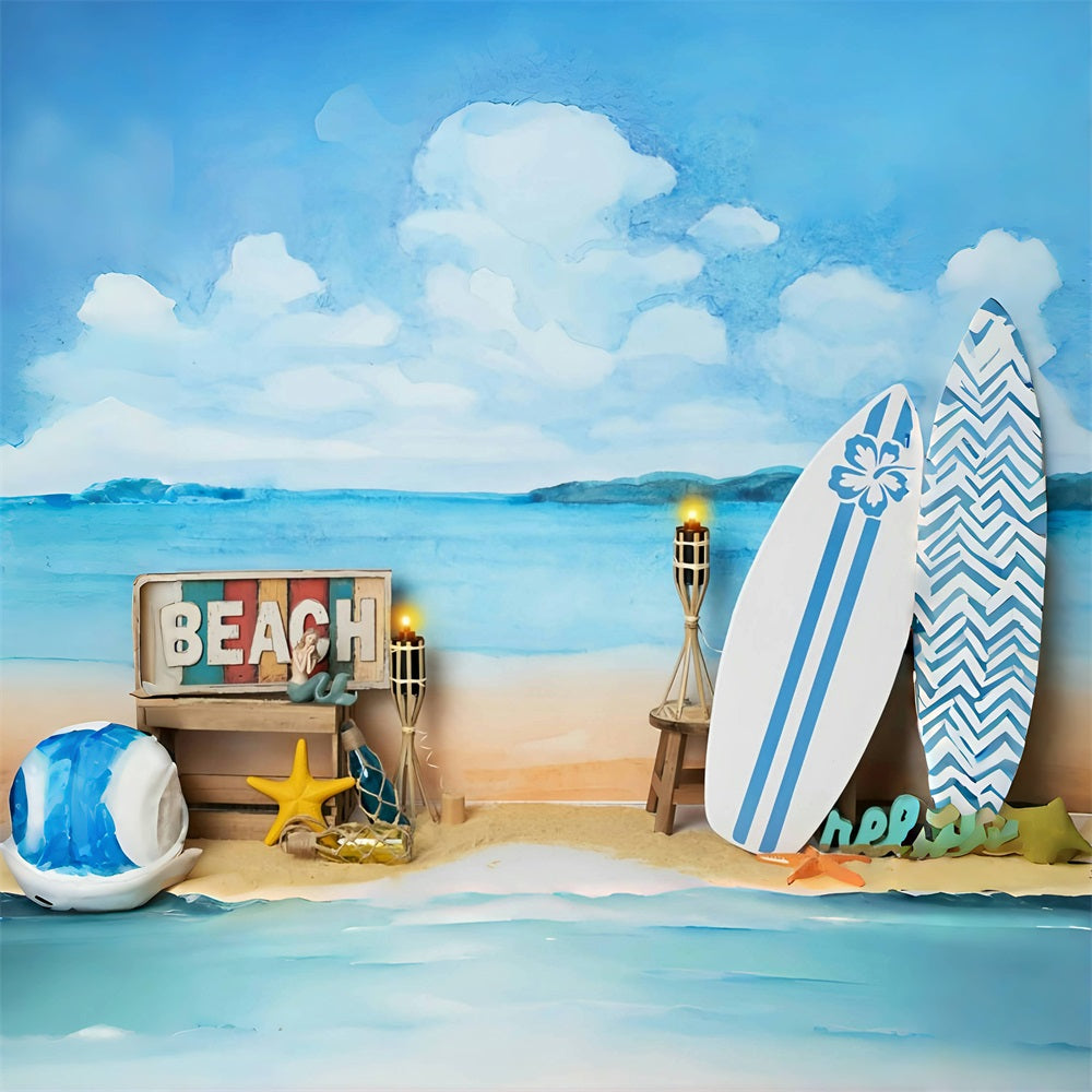 Toile de fond estivale Mer Plage Bleu Ciel Blanc Nuages Thème Surf RR3-29
