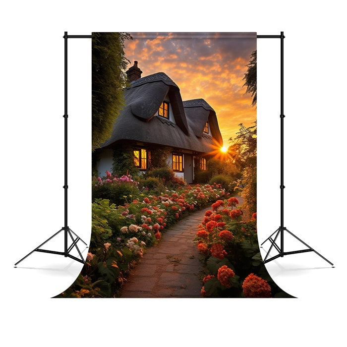Toile de fond Route Fleurie Coucher de Soleil Cabane Romantique RR3-30
