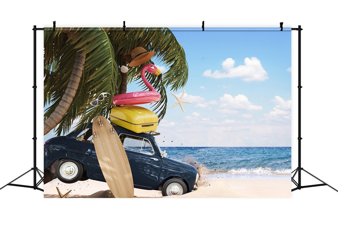 Esthero Plage d'été Cocotier Voiture Flamingo Natation Anneau Toile de fond RR3-41