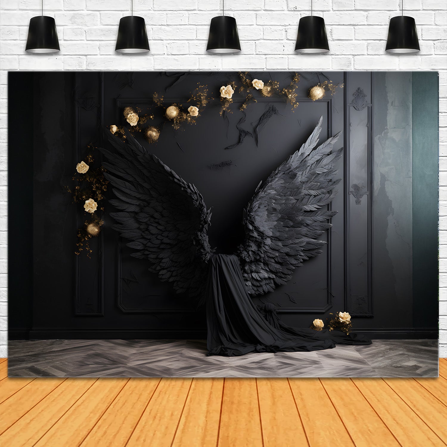 Esthero Toile de fond Ange mural classique noir Ailes noires Rose champagne RR4-13