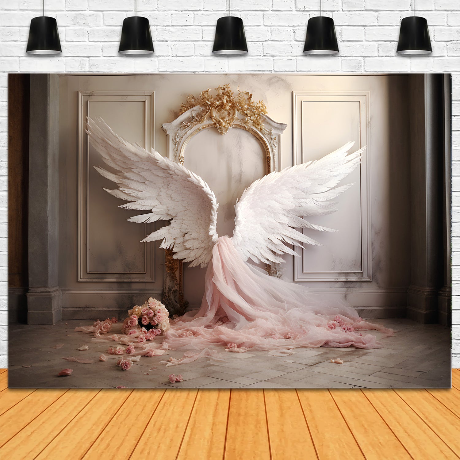 Toile de fond Rose vintage murale Ailes d'ange élégantes Tulle Rose RR4-19