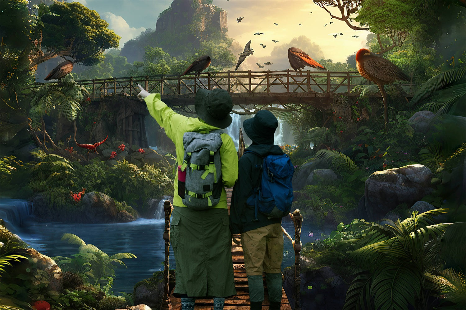 Esthero Toile de fond Pont Suspendu avec Oiseaux de la Forêt Mystique RR4-45