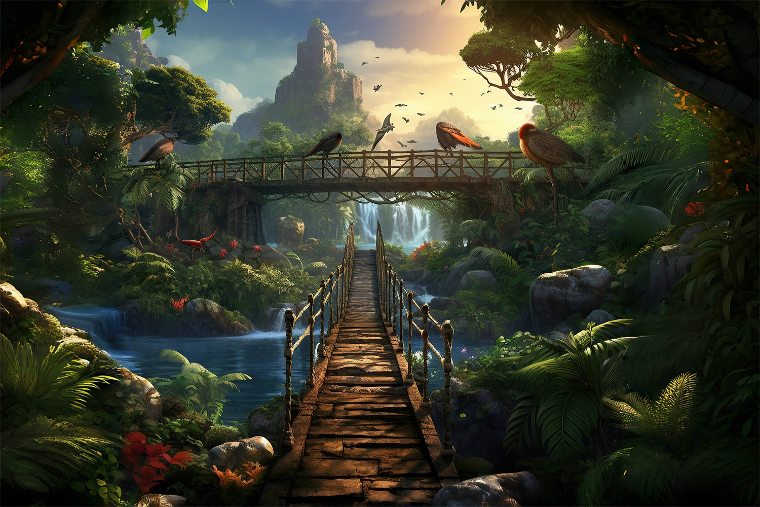 Esthero Toile de fond Pont Suspendu avec Oiseaux de la Forêt Mystique RR4-45
