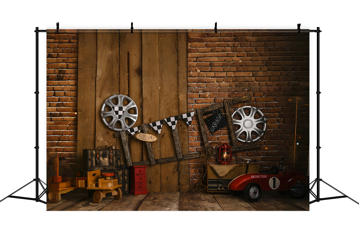 Toile de Fond Mur de Briques Vintage Échelle et Pneu de Course RR5-1