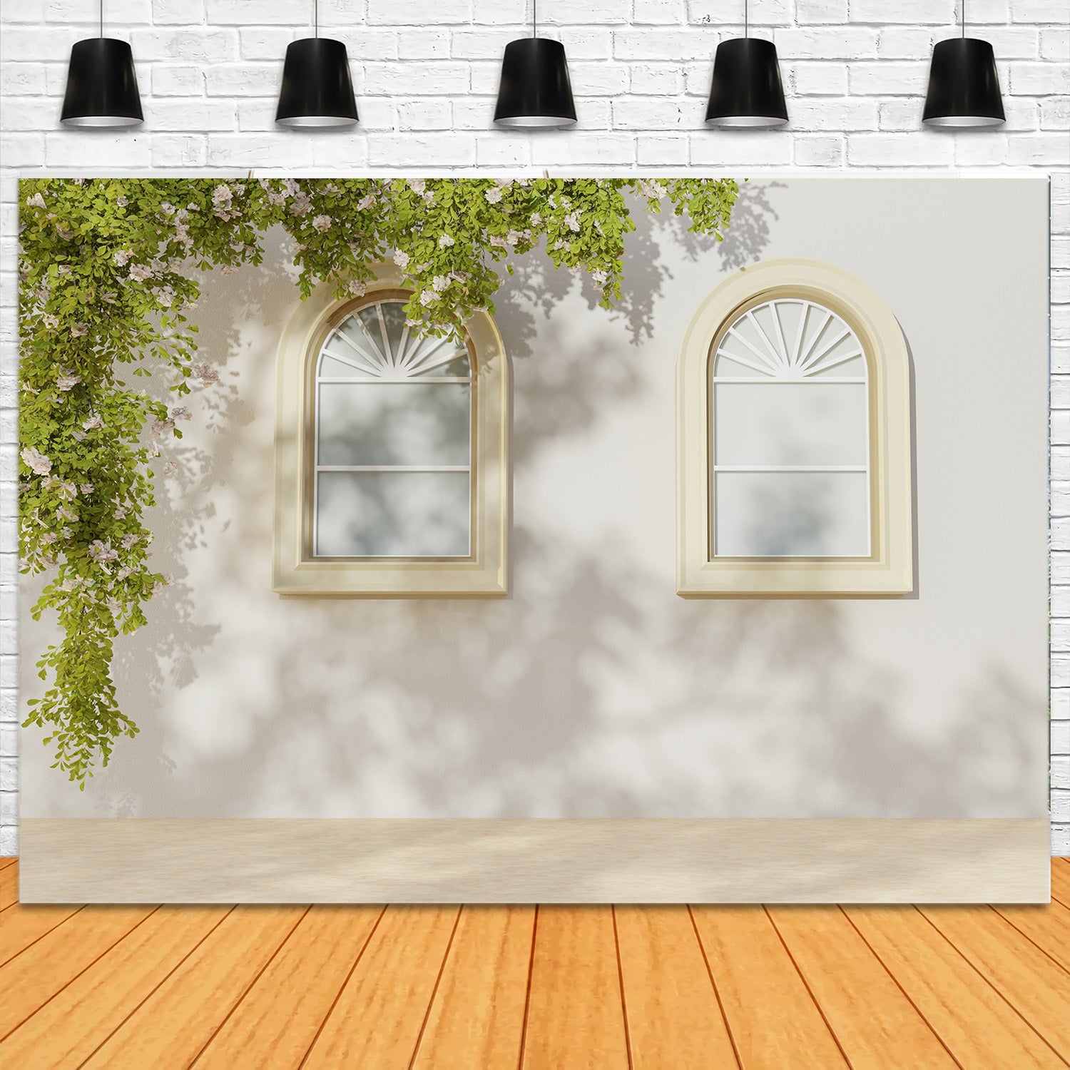 Toile de Fond Mur Blanc avec Fenêtre Vintage et Plante Verte RR5-13