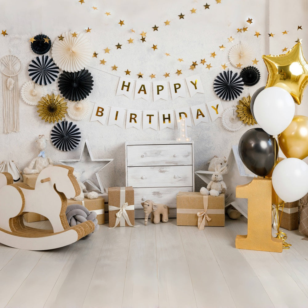 Toile de Fond pour 1er Anniversaire avec Ballons Dorés RR5-35