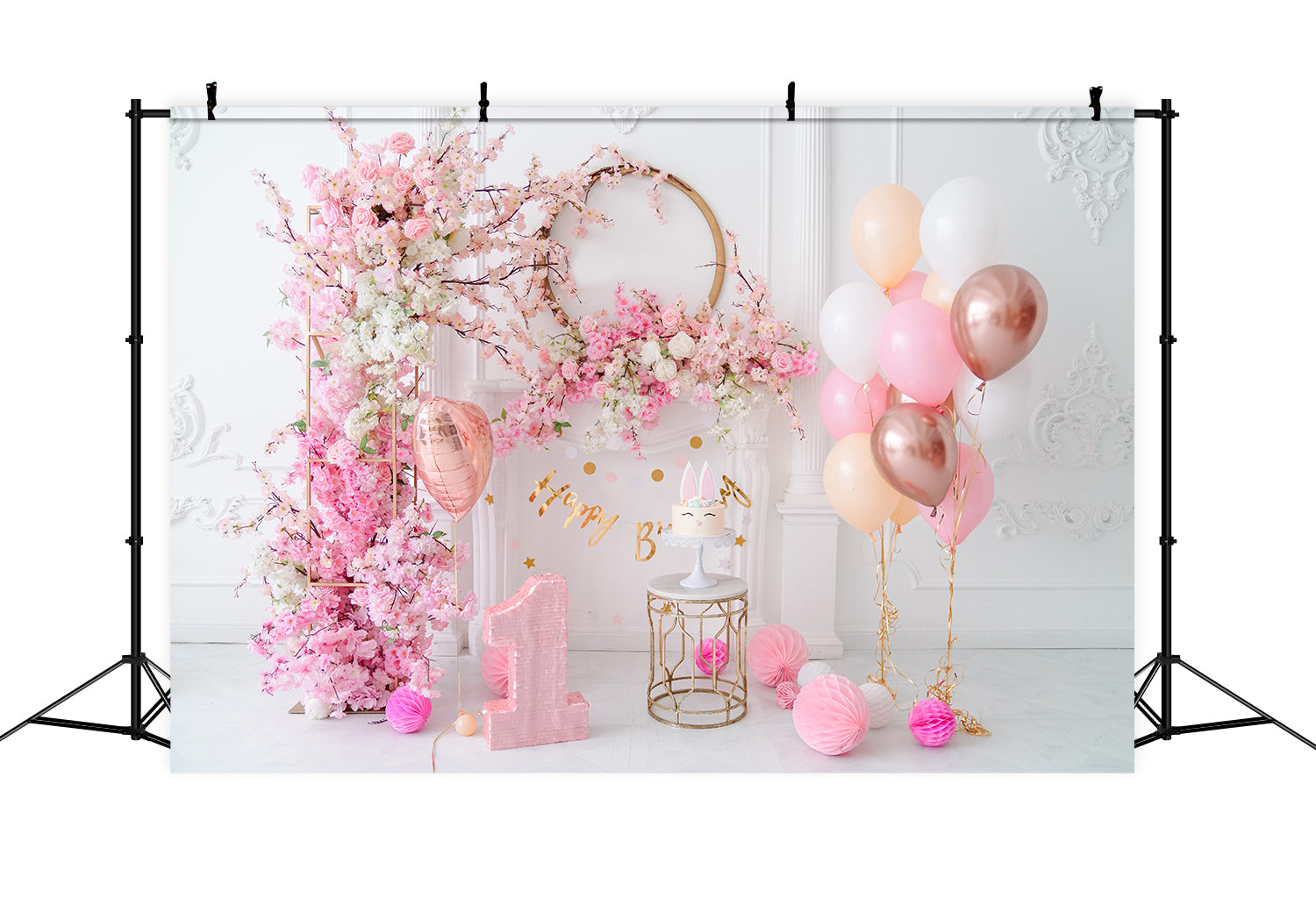 Toile de Fond Florale Rose pour le 1er Anniversaire du Bébé RR5-36