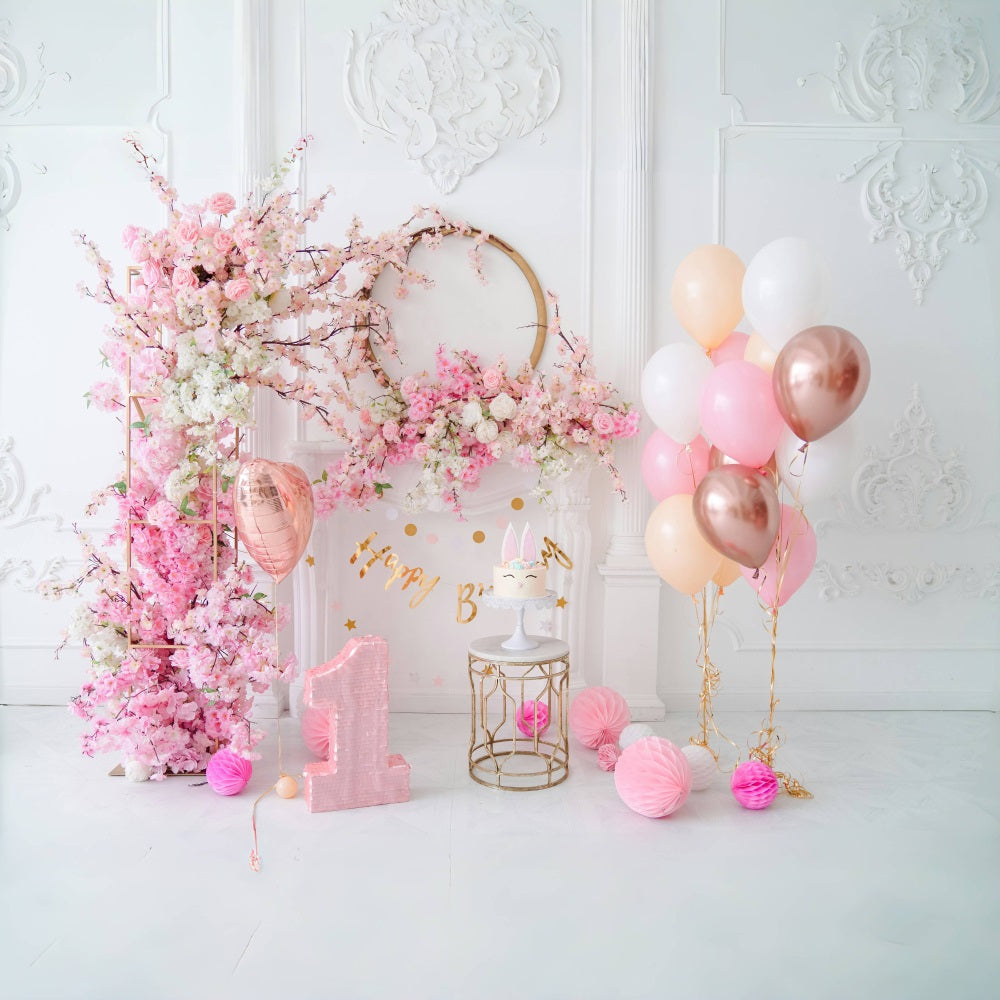 Toile de Fond Florale Rose pour le 1er Anniversaire du Bébé RR5-36