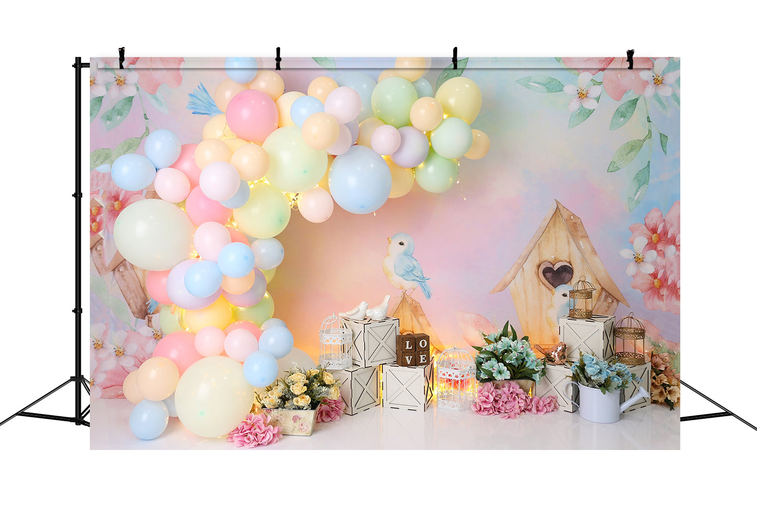 Toile de Fond Décoration d'Anniversaire d'Enfant avec Fleurs Aquarelles RR5-38