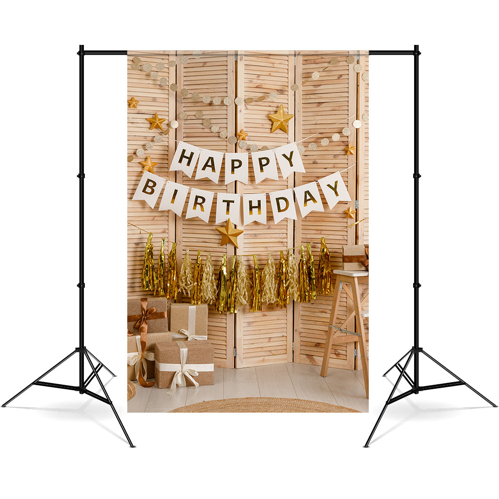 Toile de Fond "Joyeux Anniversaire" avec Volets en Bois et Étoiles RR5-42